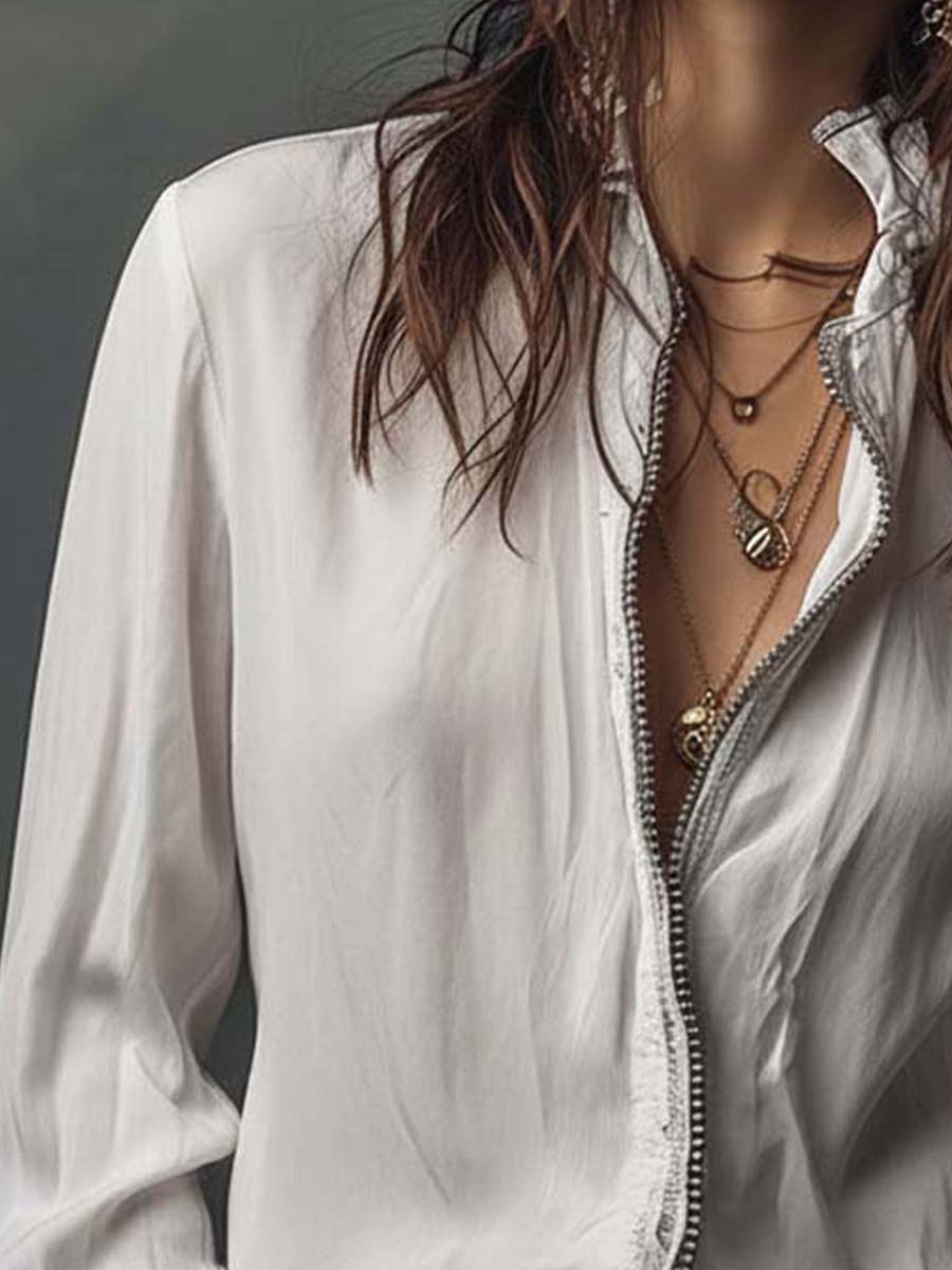 SELINA™ | White Zip-Front Blouse With Flounce Cuffs