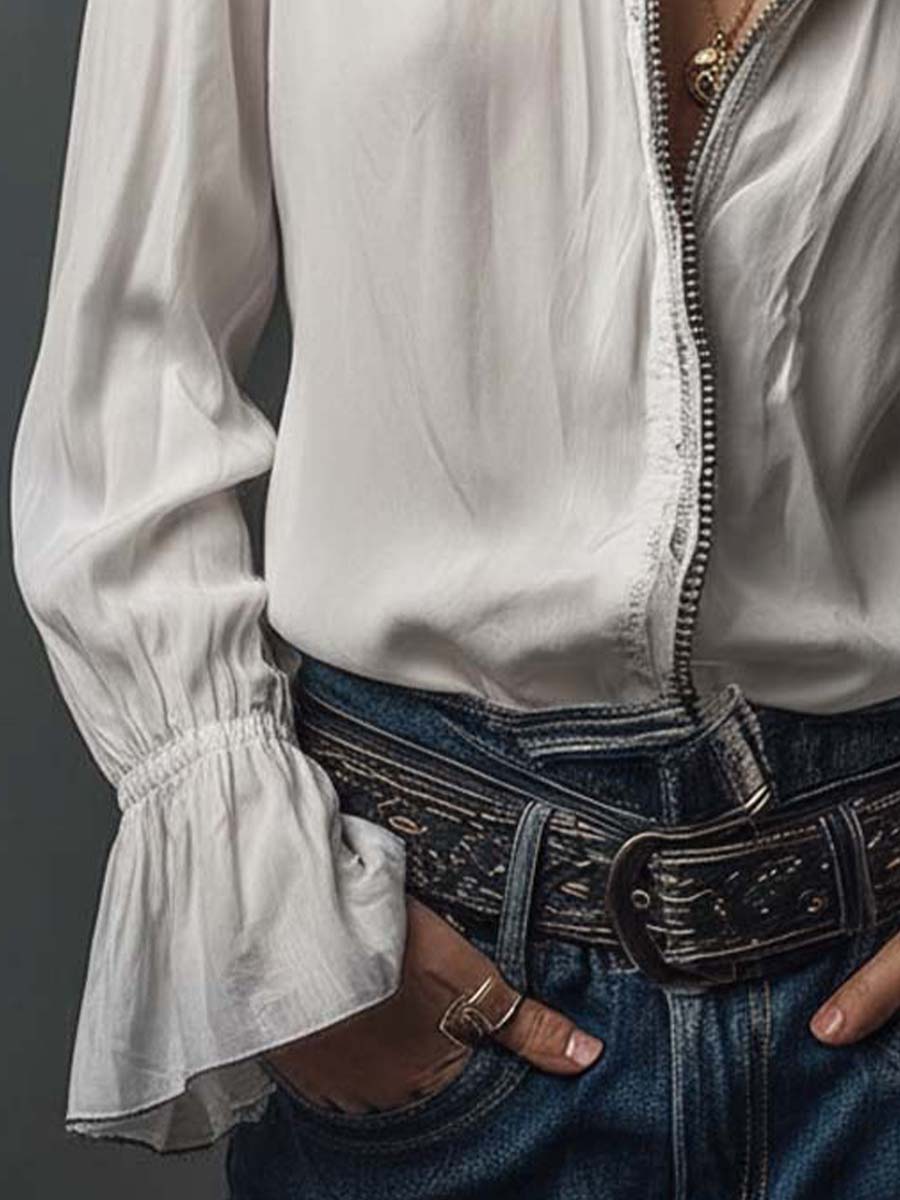 SELINA™ | White Zip-Front Blouse With Flounce Cuffs