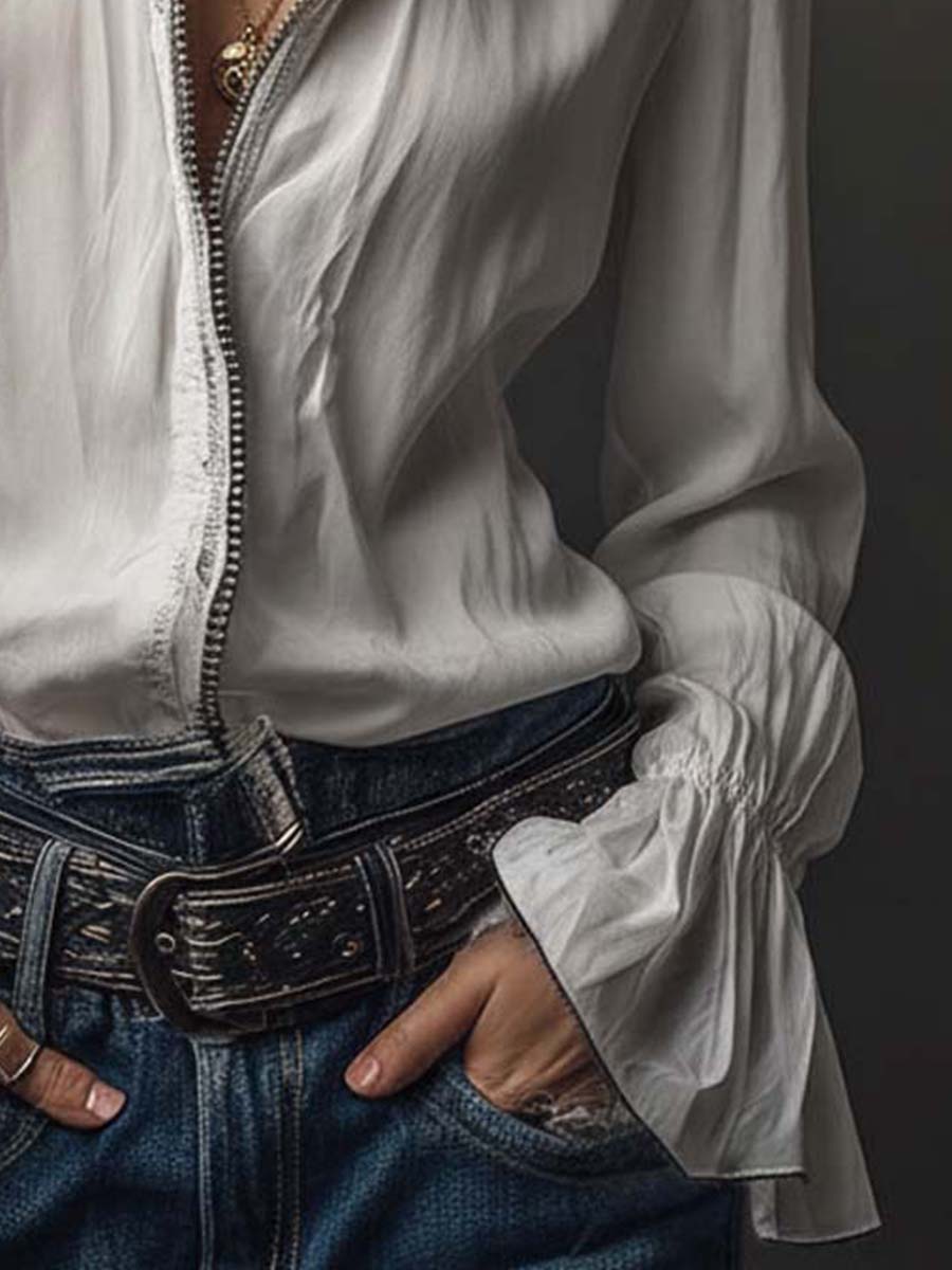 SELINA™ | White Zip-Front Blouse With Flounce Cuffs