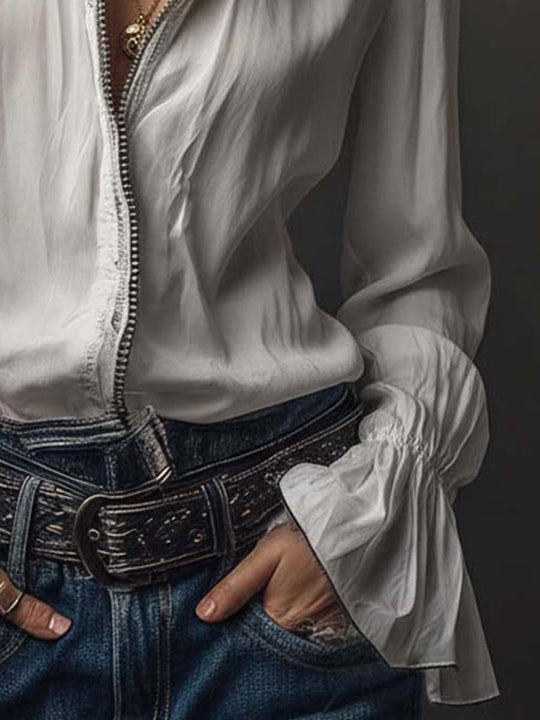 SELINA™ | White Zip-Front Blouse With Flounce Cuffs