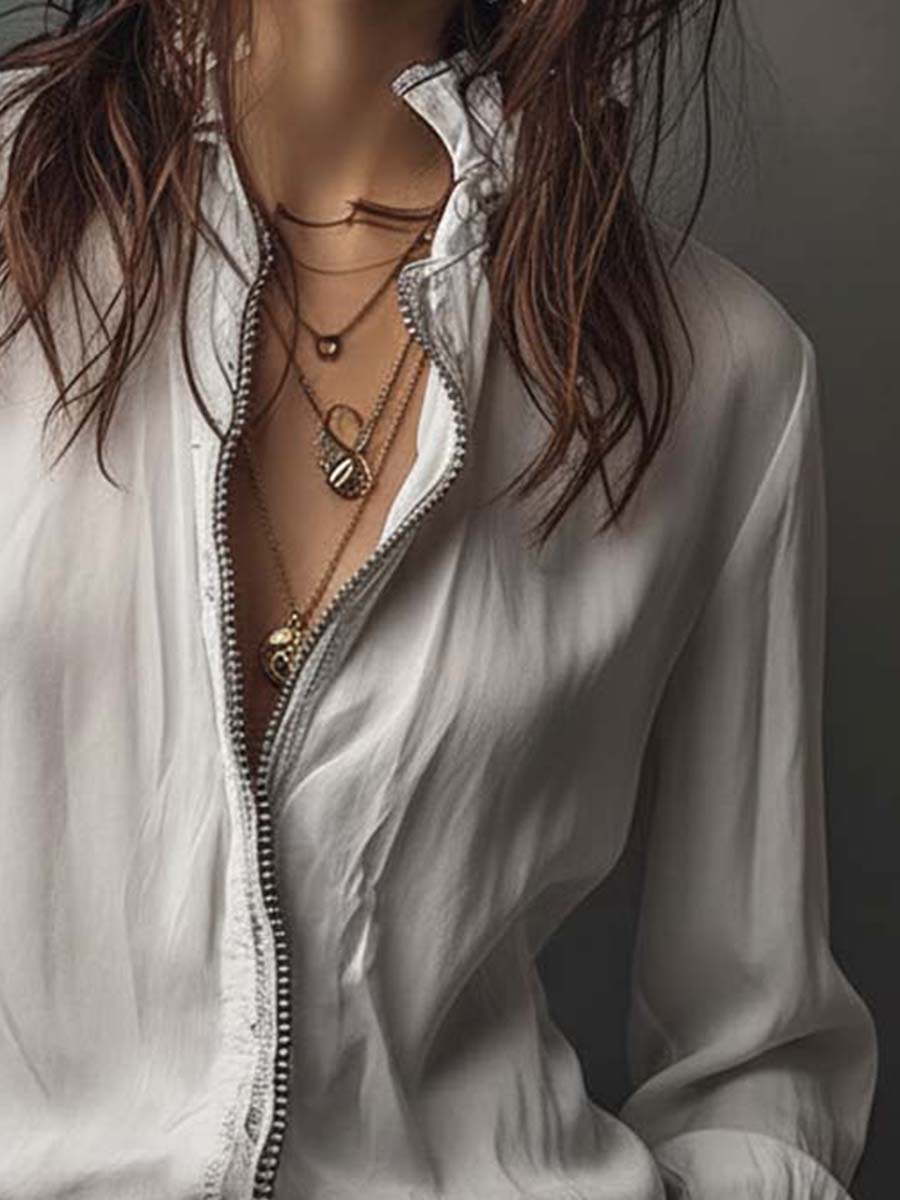 SELINA™ | White Zip-Front Blouse With Flounce Cuffs
