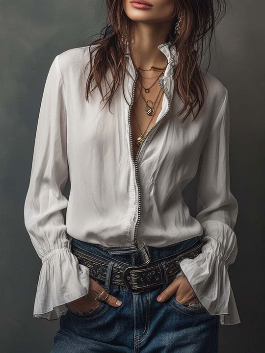 SELINA™ | White Zip-Front Blouse With Flounce Cuffs
