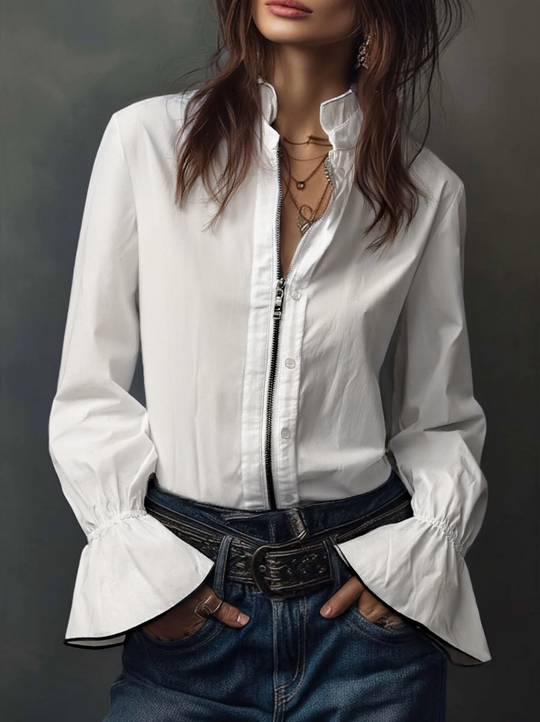 SELINA™ | White Zip-Front Blouse With Flounce Cuffs