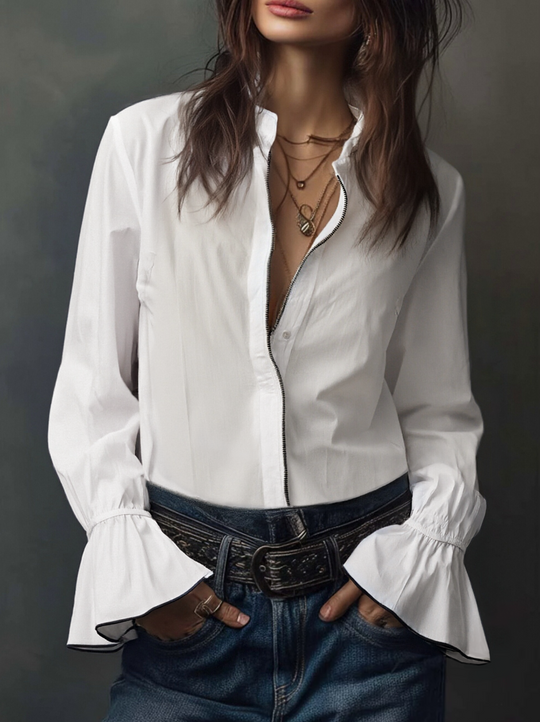 SELINA™ | White Zip-Front Blouse With Flounce Cuffs