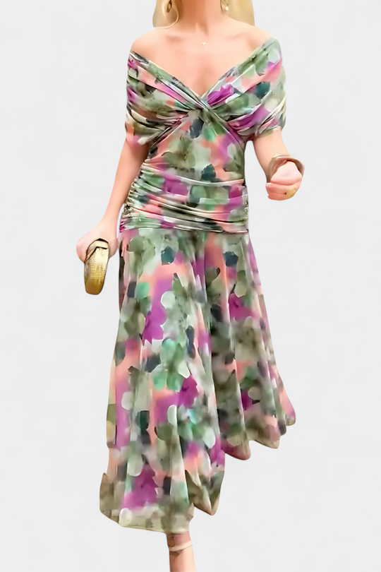 LUIZA™ | Long Floral V Neck Dress