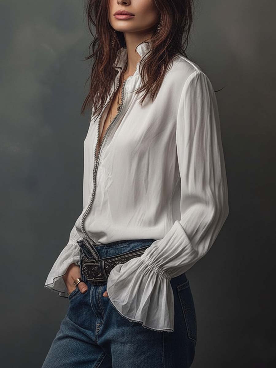 SELINA™ | White Zip-Front Blouse With Flounce Cuffs