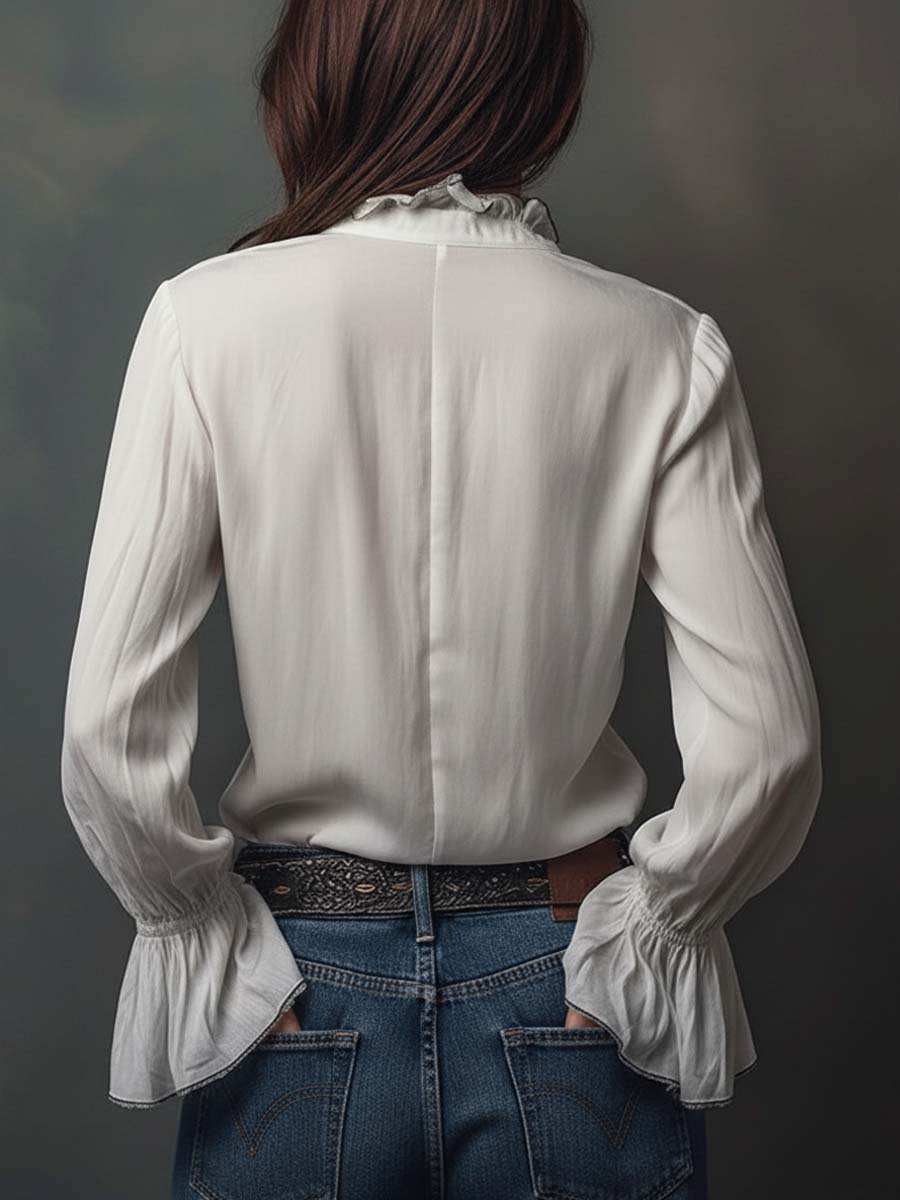 SELINA™ | White Zip-Front Blouse With Flounce Cuffs