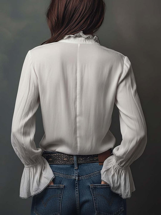 SELINA™ | White Zip-Front Blouse With Flounce Cuffs