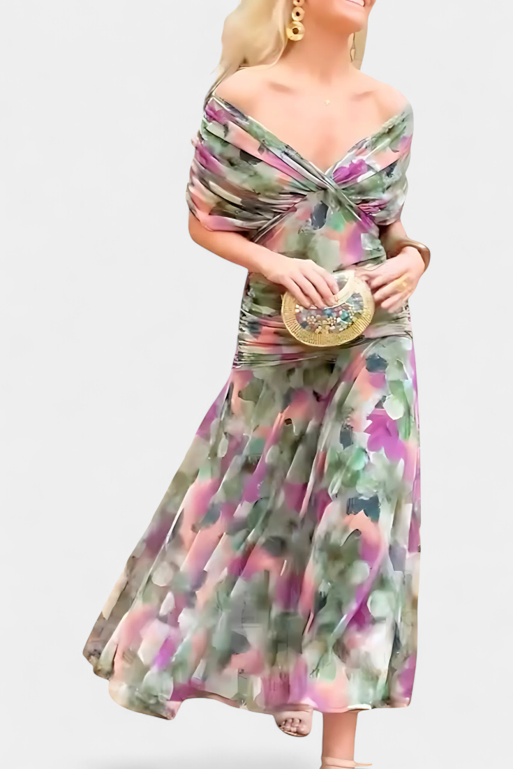 LUIZA™ | Long Floral V Neck Dress