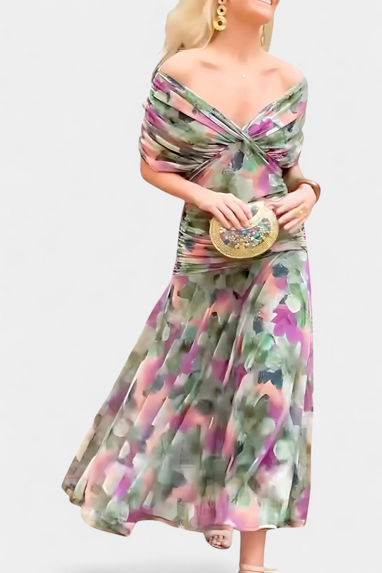LUIZA™ | Long Floral V Neck Dress