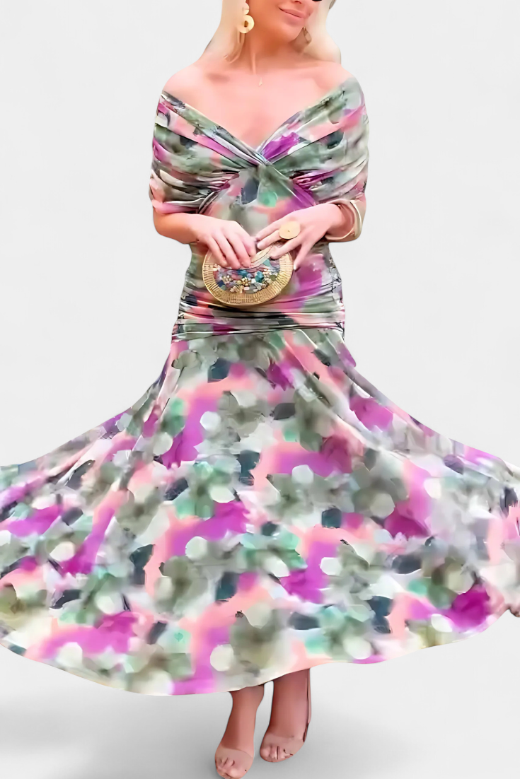 LUIZA™ | Long Floral V Neck Dress