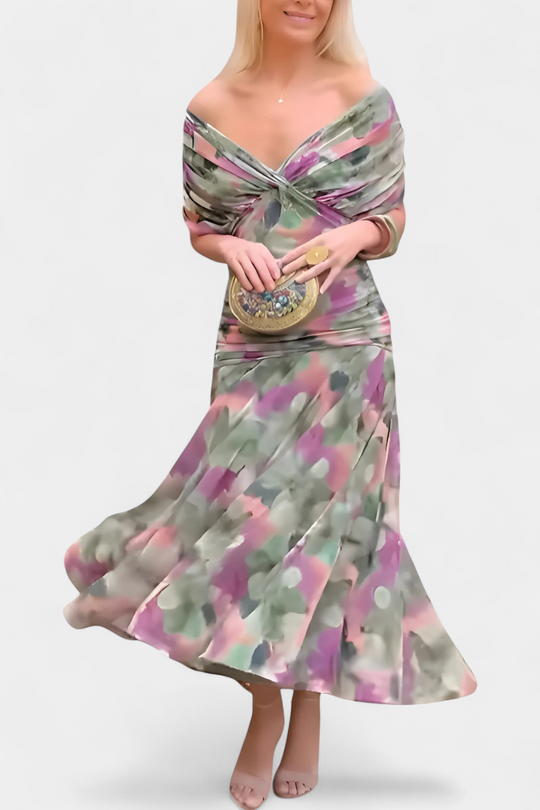 LUIZA™ | Long Floral V Neck Dress
