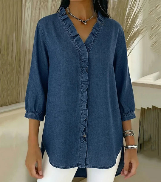 MOMU™ | Flowing denim blouse with V-neck and ruffles