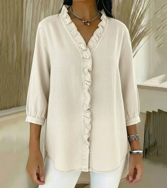 MOMU™ | Flowing denim blouse with V-neck and ruffles