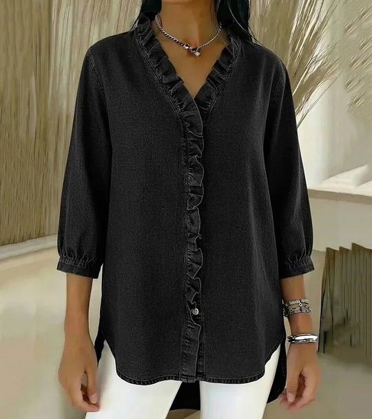 MOMU™ | Flowing denim blouse with V-neck and ruffles