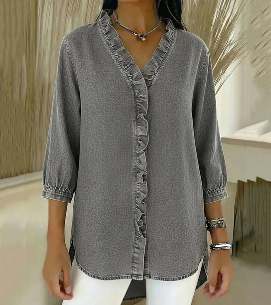 MOMU™ | Flowing denim blouse with V-neck and ruffles
