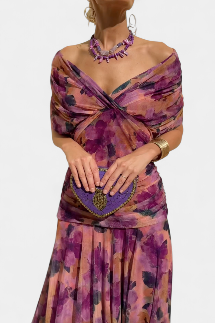 LUIZA™ | Long Floral V Neck Dress