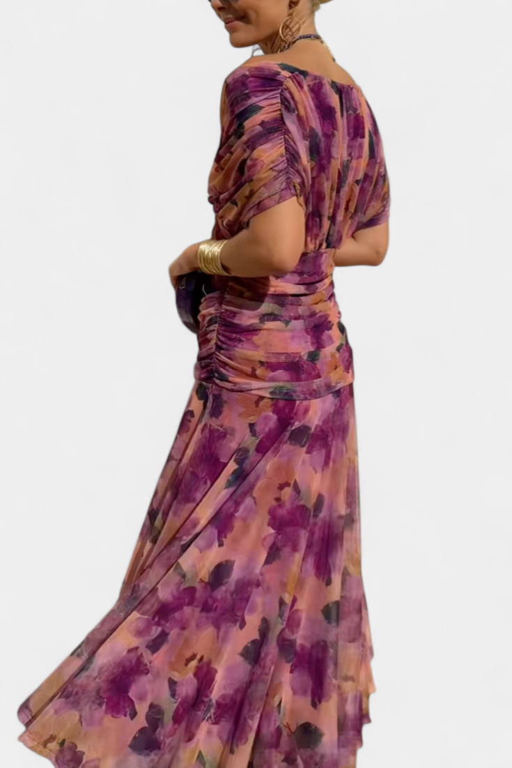 LUIZA™ | Long Floral V Neck Dress