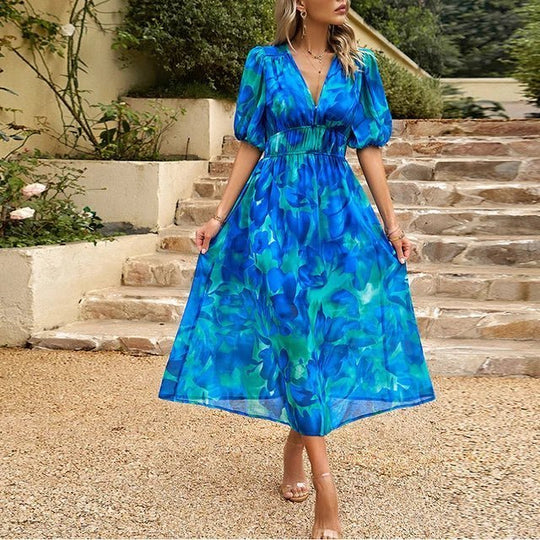 FABIA™ | Midikleid mit Puffärmel und V-Ausschnitt