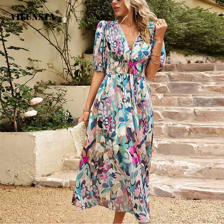 FABIA™ | Midikleid mit Puffärmel und V-Ausschnitt