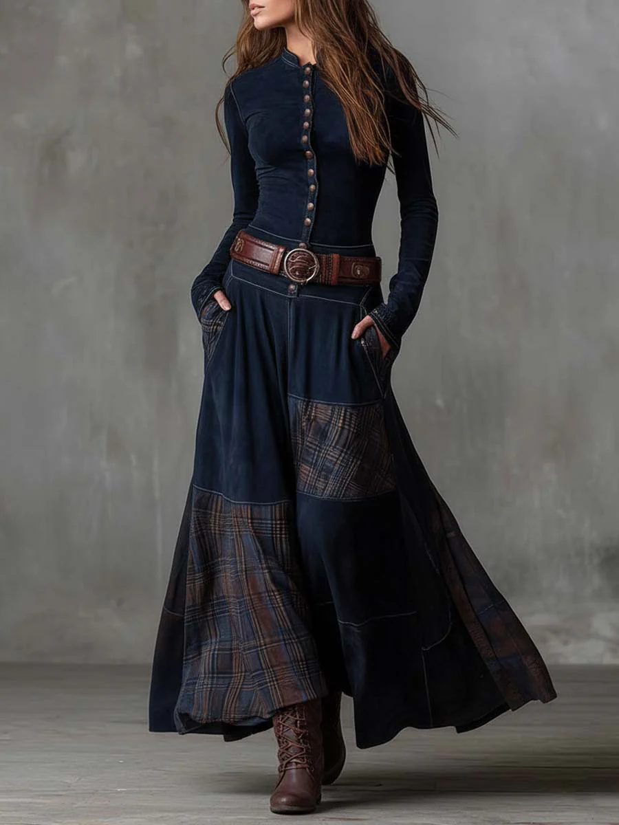 LEONORA™ | Long vintage navy blue checked suede dress (Includes