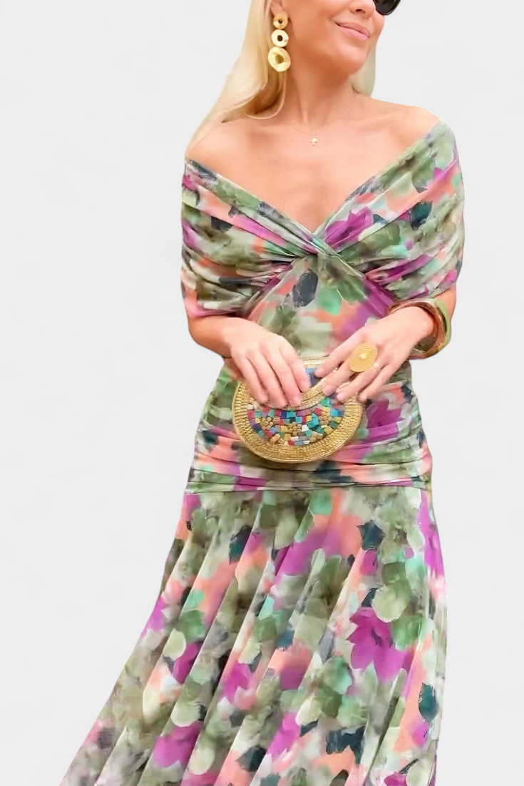 LUIZA™ | Long Floral V Neck Dress